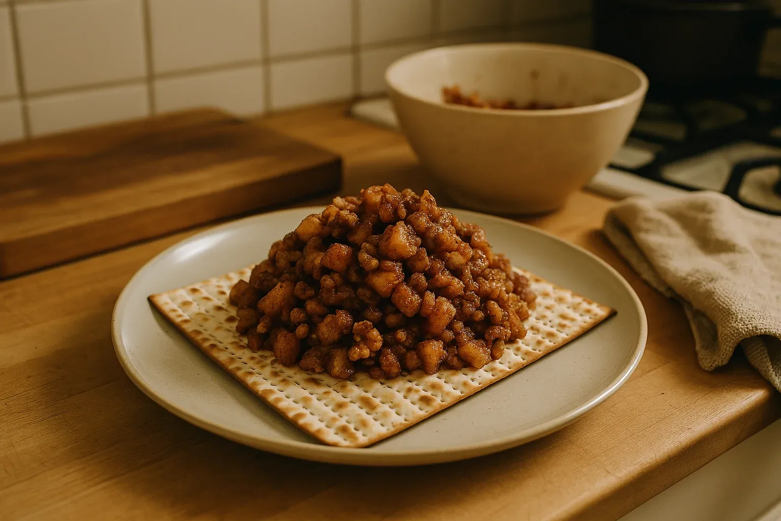 Matzo topped with a mound of sweet, spiced apple-nut mixture on a plate, with a bowl of the same mixture in the background.