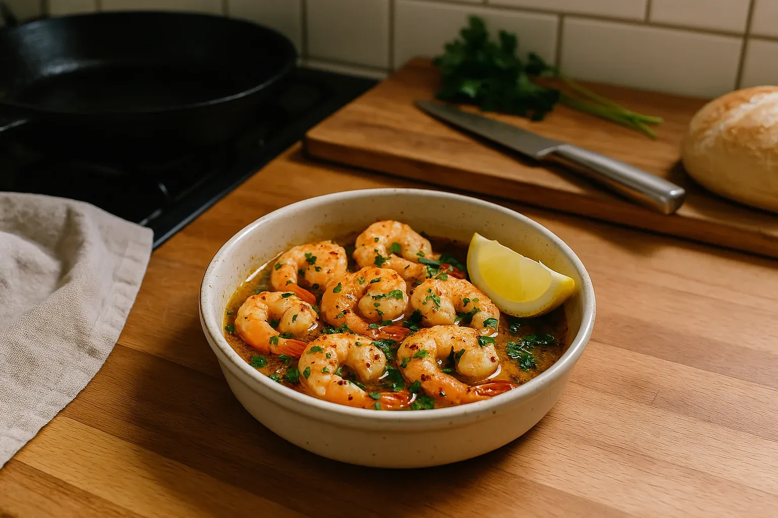 Garlic butter shrimp garnished with parsley and served with a lemon wedge in a bowl on a wooden countertop.