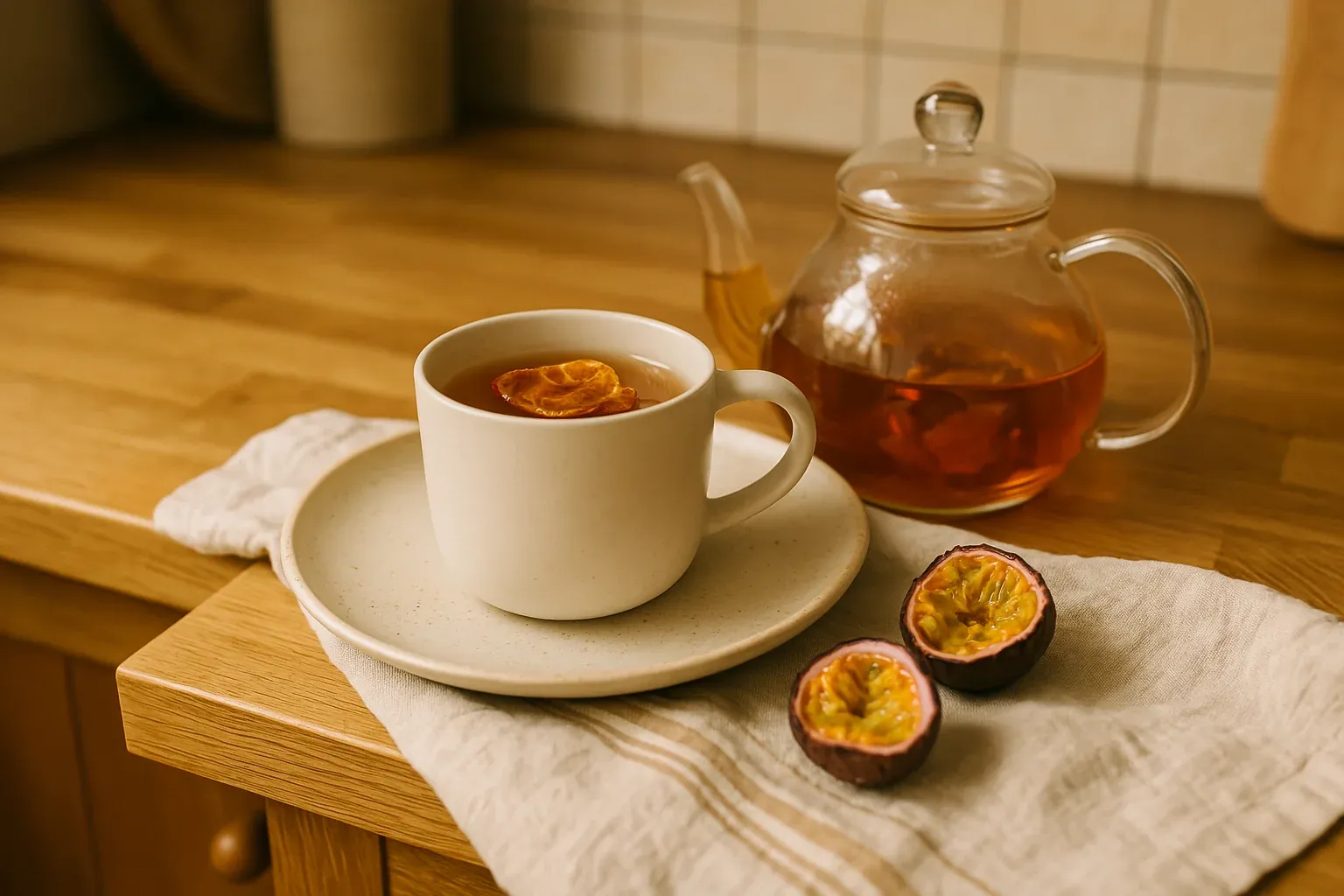 Hot passion fruit tea served in a white mug with sliced passion fruit and a glass teapot on a wooden table.