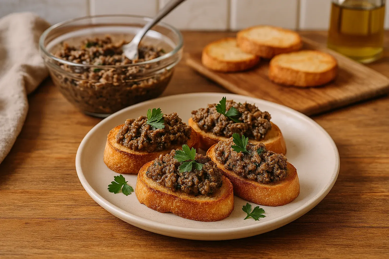 Toasted bread slices topped with a savory mushroom tapenade and garnished with parsley, served on a white plate with a bowl of tapenade in the background.