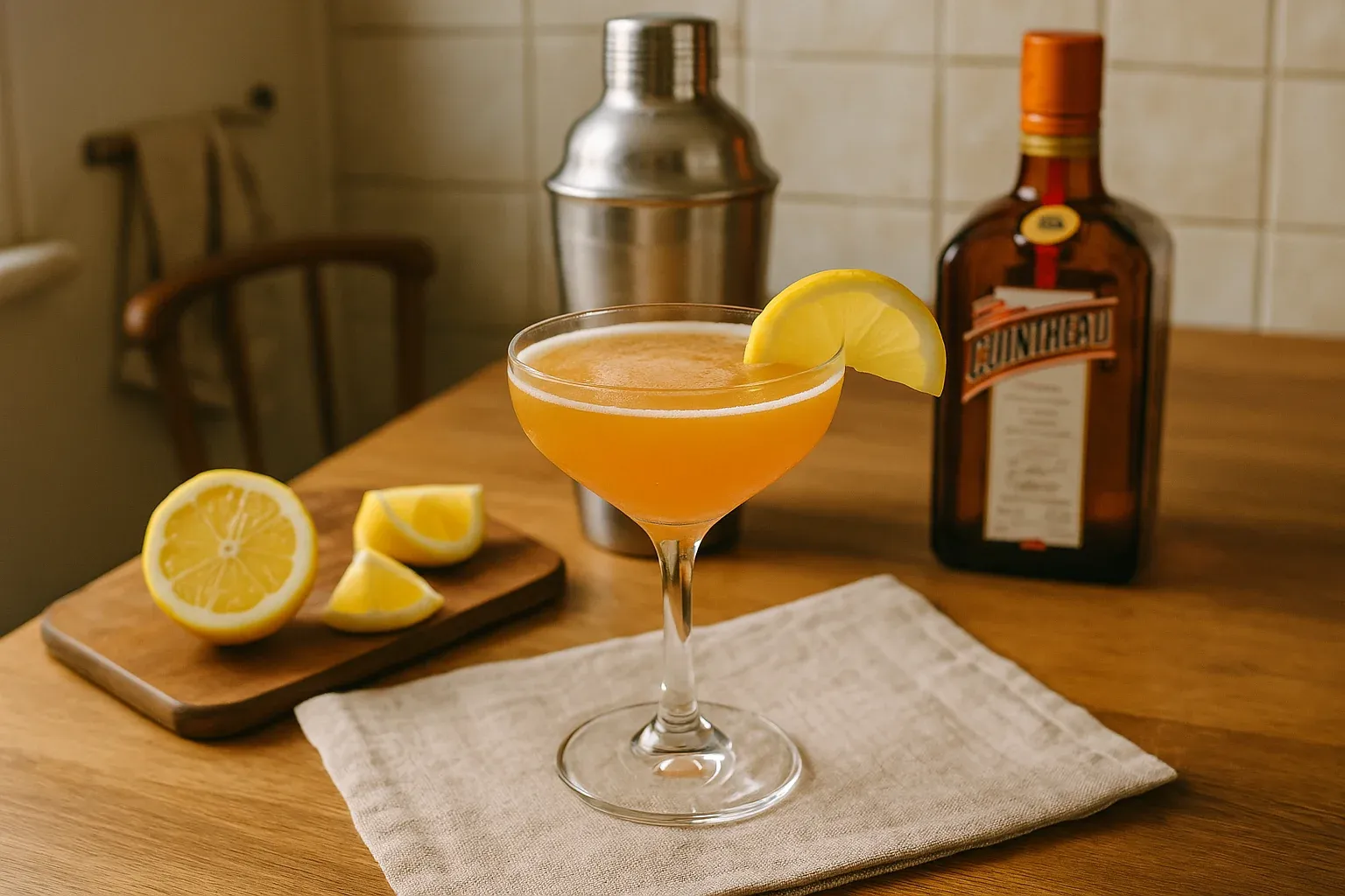 Elegant cocktail garnished with lemon slice, fresh lemon wedges, Cointreau bottle, and cocktail shaker in cozy kitchen setting.