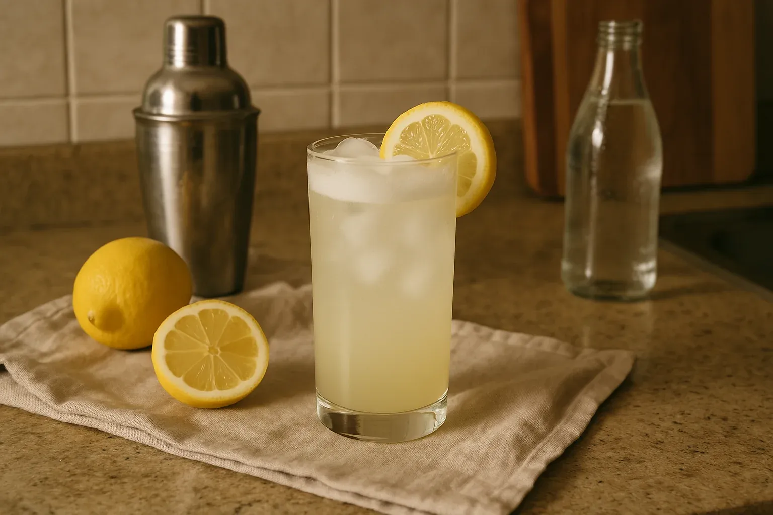 Refreshing lemon drink with ice in a tall glass, garnished with lemon slices, shaker, and whole lemon on a kitchen counter.