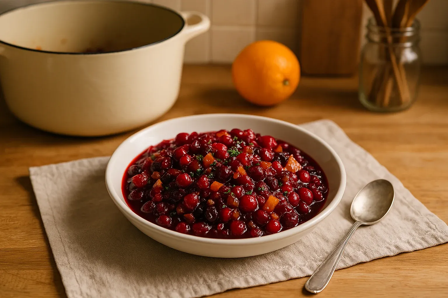 Homemade cranberry sauce with orange zest in a white bowl on a wooden table, next to a spoon and a pot.