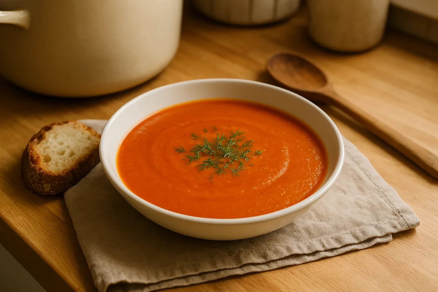 Creamy tomato soup garnished with fresh herbs, served with a slice of crusty bread.