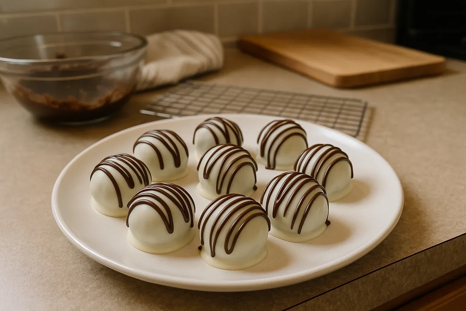 White chocolate truffles topped with dark chocolate drizzle on a plate, set on a kitchen counter with baking items in the background.