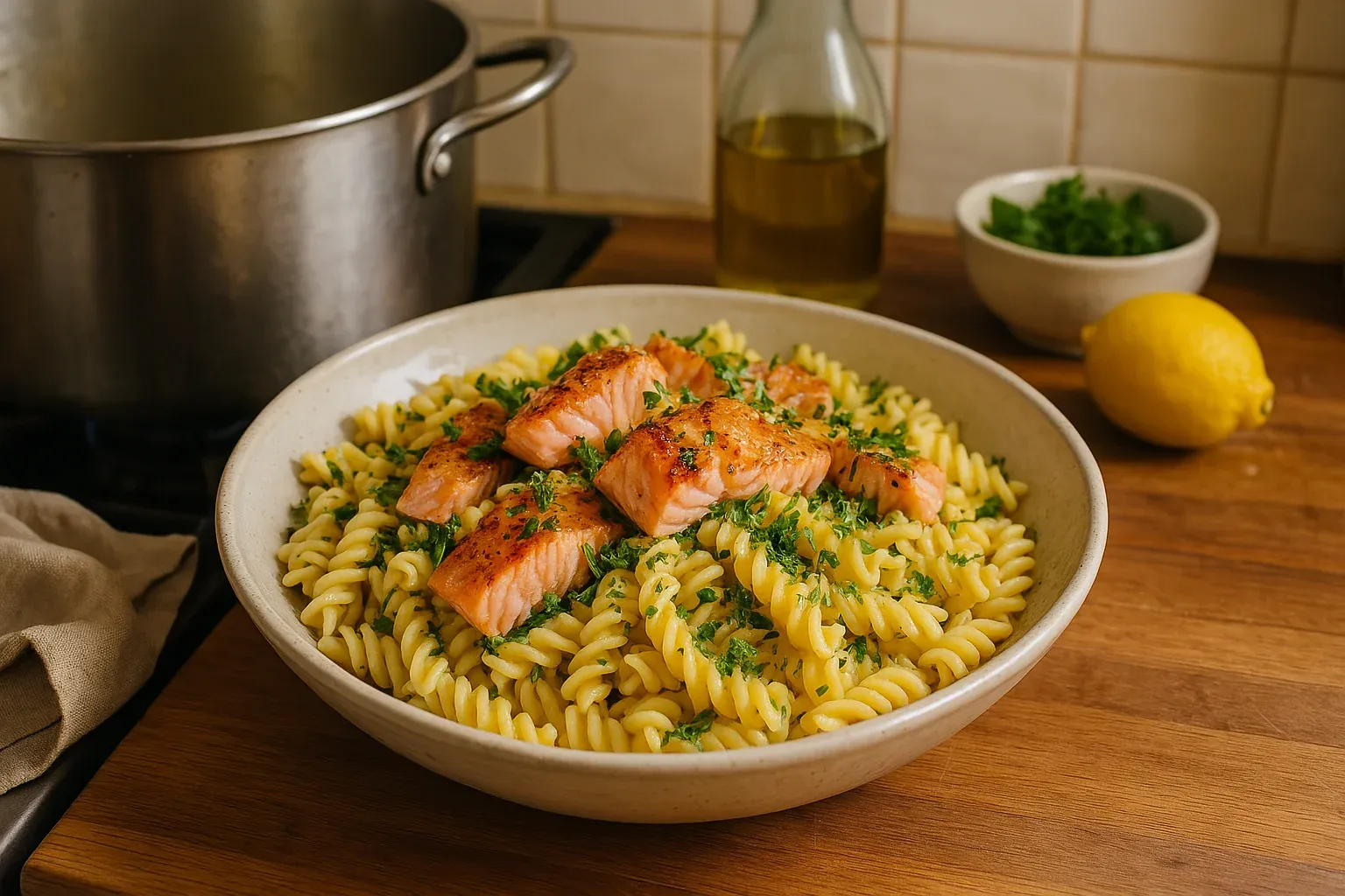 Creamy pasta topped with seared salmon and fresh parsley, displayed on a wooden kitchen counter with a lemon and olive oil bottle nearby.