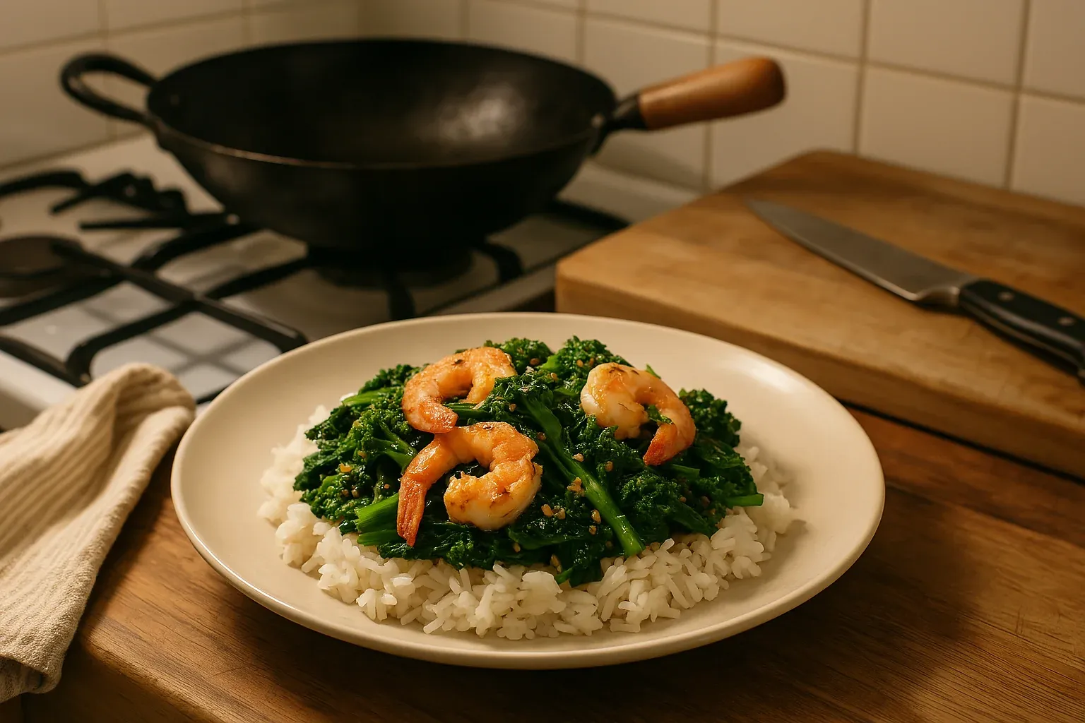 Shrimp and broccoli stir-fry served over white rice, displayed on a kitchen counter with a wok and knife in the background.