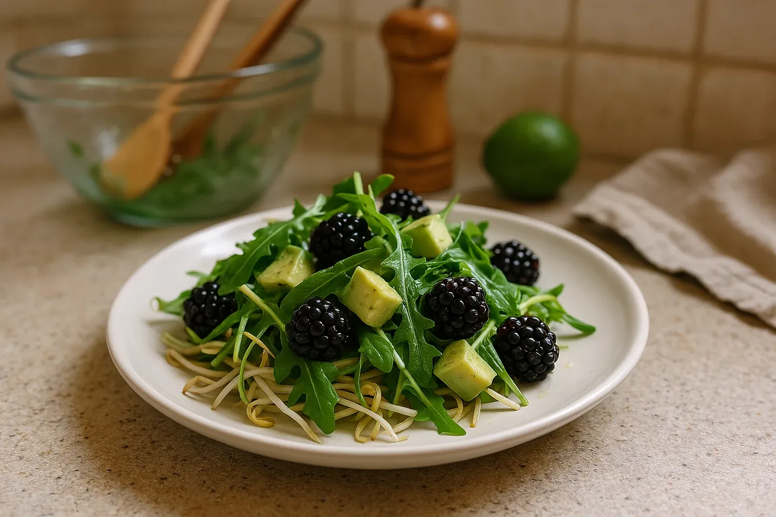 Fresh arugula salad with blackberries, avocado, and bean sprouts on a white plate, glass mixing bowl and pepper mill in the background.