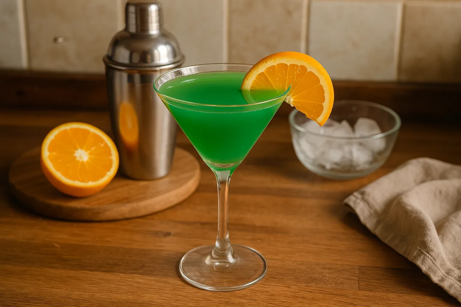 Green cocktail in a martini glass garnished with an orange slice, with a cocktail shaker, half an orange, and ice bowl in the background.