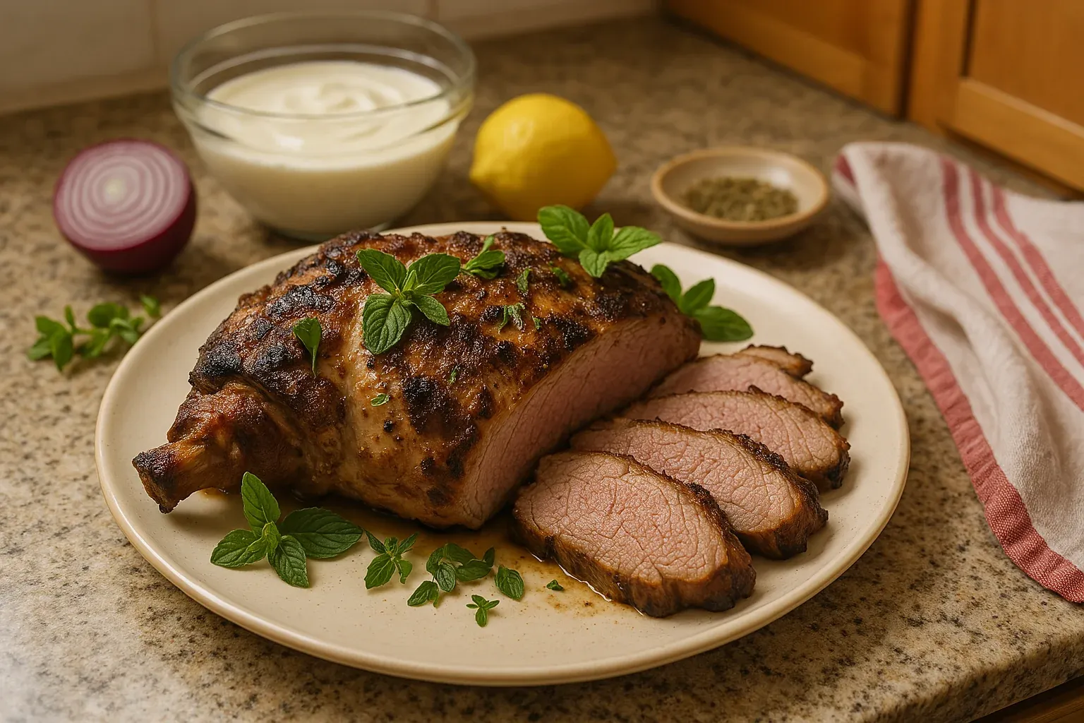 Succulent roasted lamb garnished with fresh mint leaves, served with lemon, yogurt sauce, red onion, and herbs on a kitchen countertop.