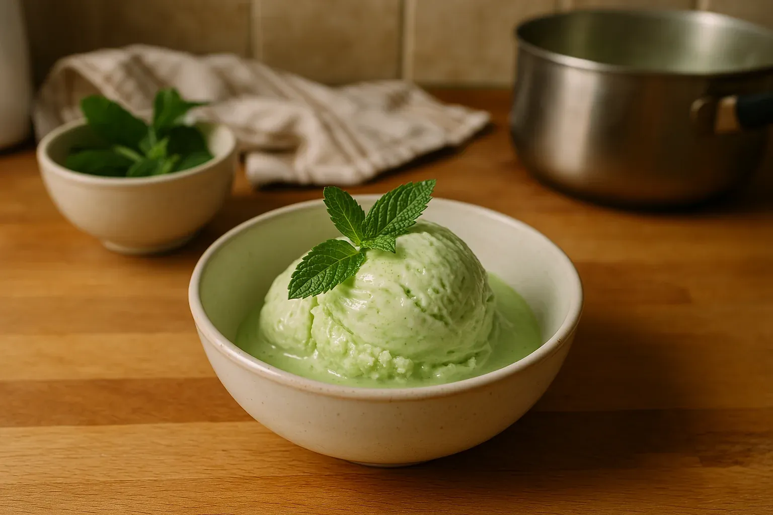 Creamy green mint ice cream served in a bowl, garnished with fresh mint leaves.
