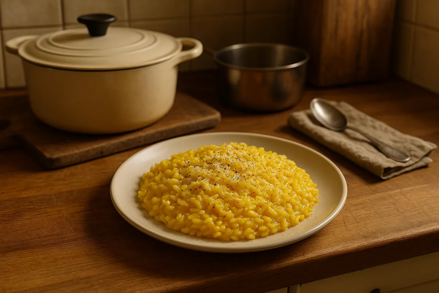 Creamy saffron risotto garnished with grated cheese and black pepper, served on a white plate with a pot and spoon in the background.