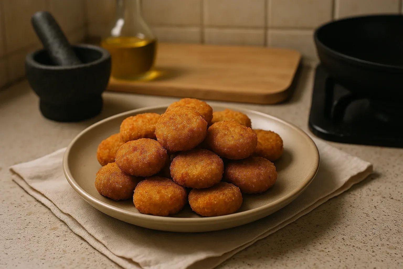 Plate of golden-brown, crispy chicken nuggets on a kitchen counter with a mortar, pestle, and oil bottle in the background.