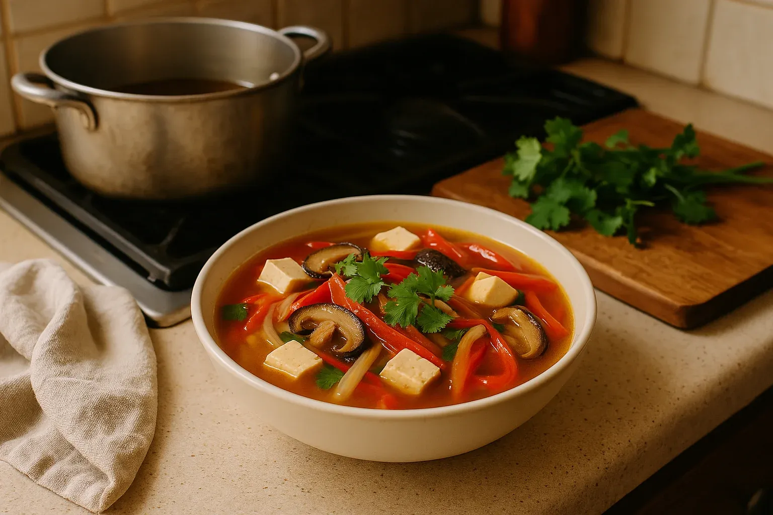 Hearty vegetable soup with tofu cubes, mushrooms, bell peppers, and cilantro garnish on a kitchen counter near a simmering pot.