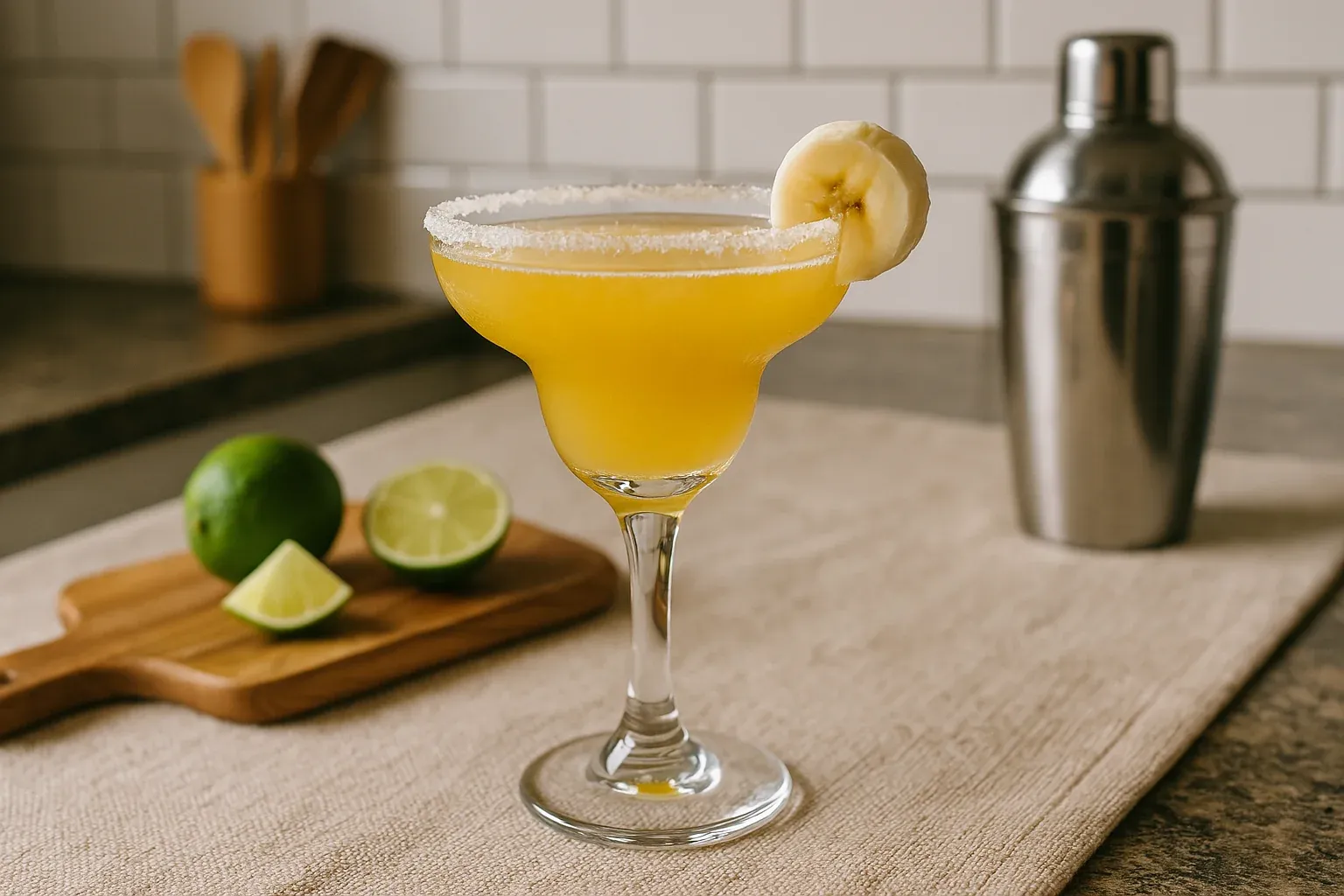 Banana margarita with a salted rim garnished with a banana slice, displayed with fresh limes and a cocktail shaker in the background.