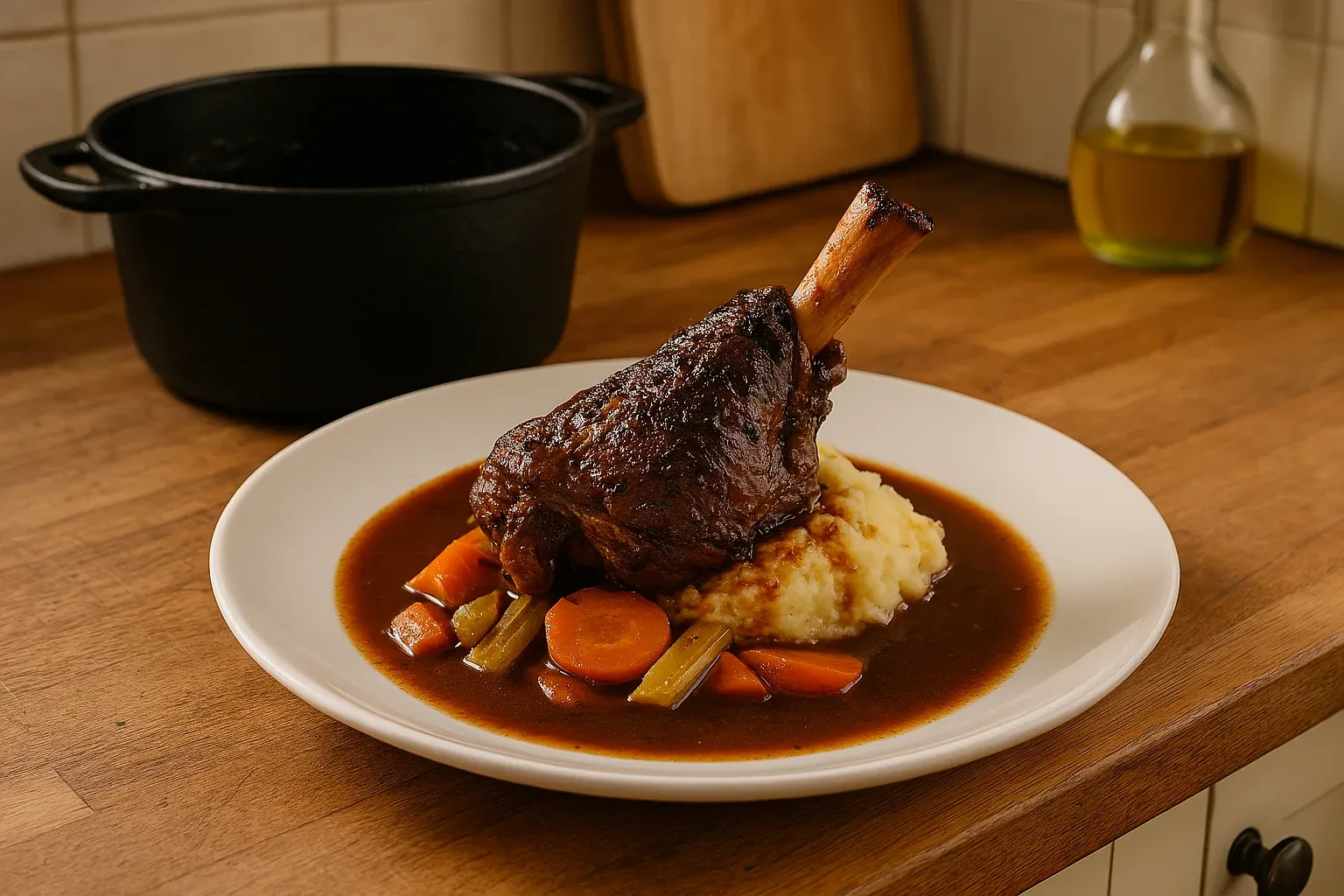 Braised lamb shank with mashed potatoes, carrots, and celery in a rich brown sauce.