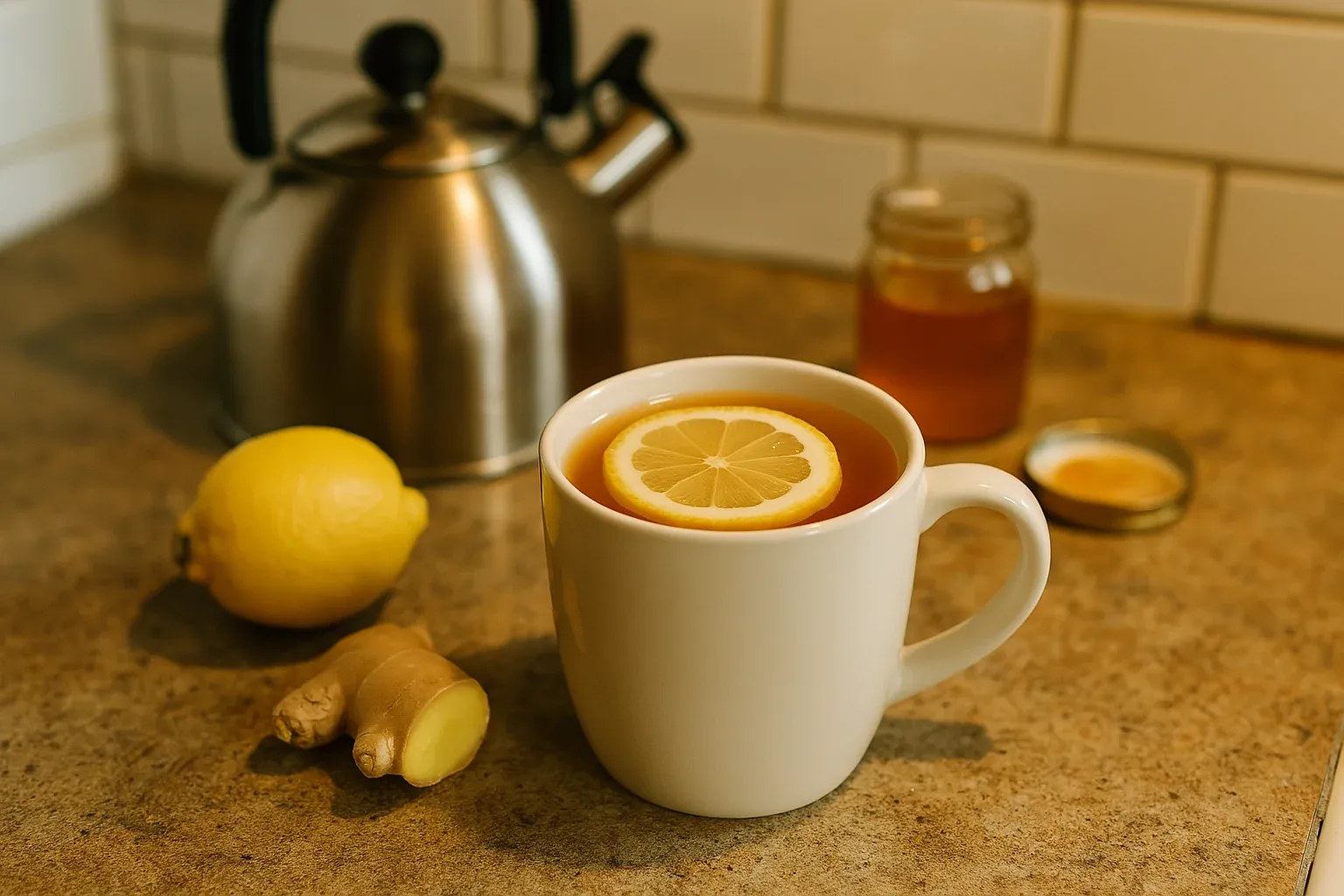 Hot tea with a lemon slice, fresh ginger, honey jar, and kettle on the counter, suggesting a soothing beverage recipe.