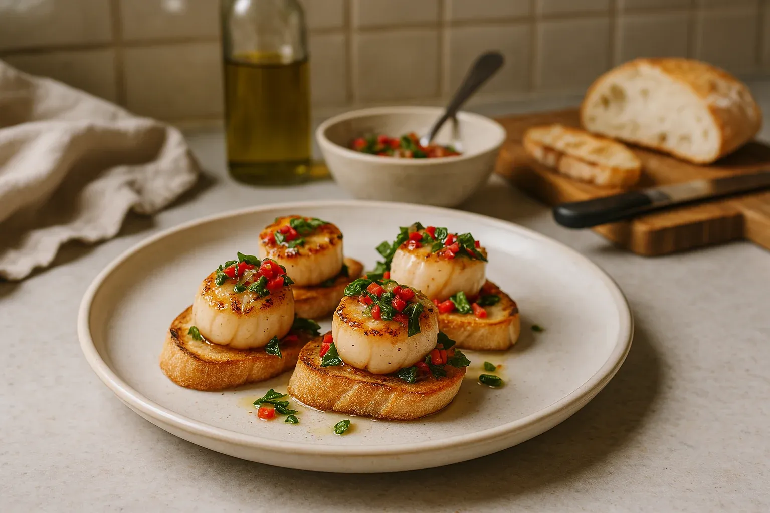 Seared scallops on toasted bread topped with chopped red peppers and herbs, served on a white plate with oil and bread in the background.