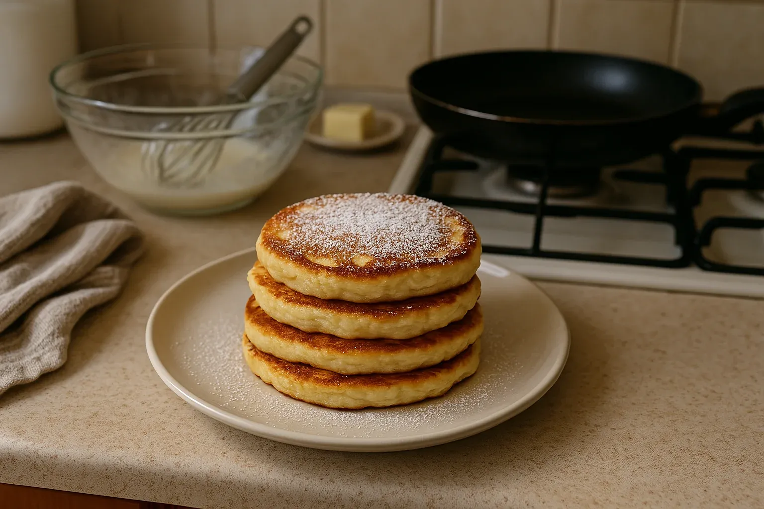 Fluffy homemade pancakes stacked on a plate, dusted with powdered sugar, with a whisk and batter bowl in the background.