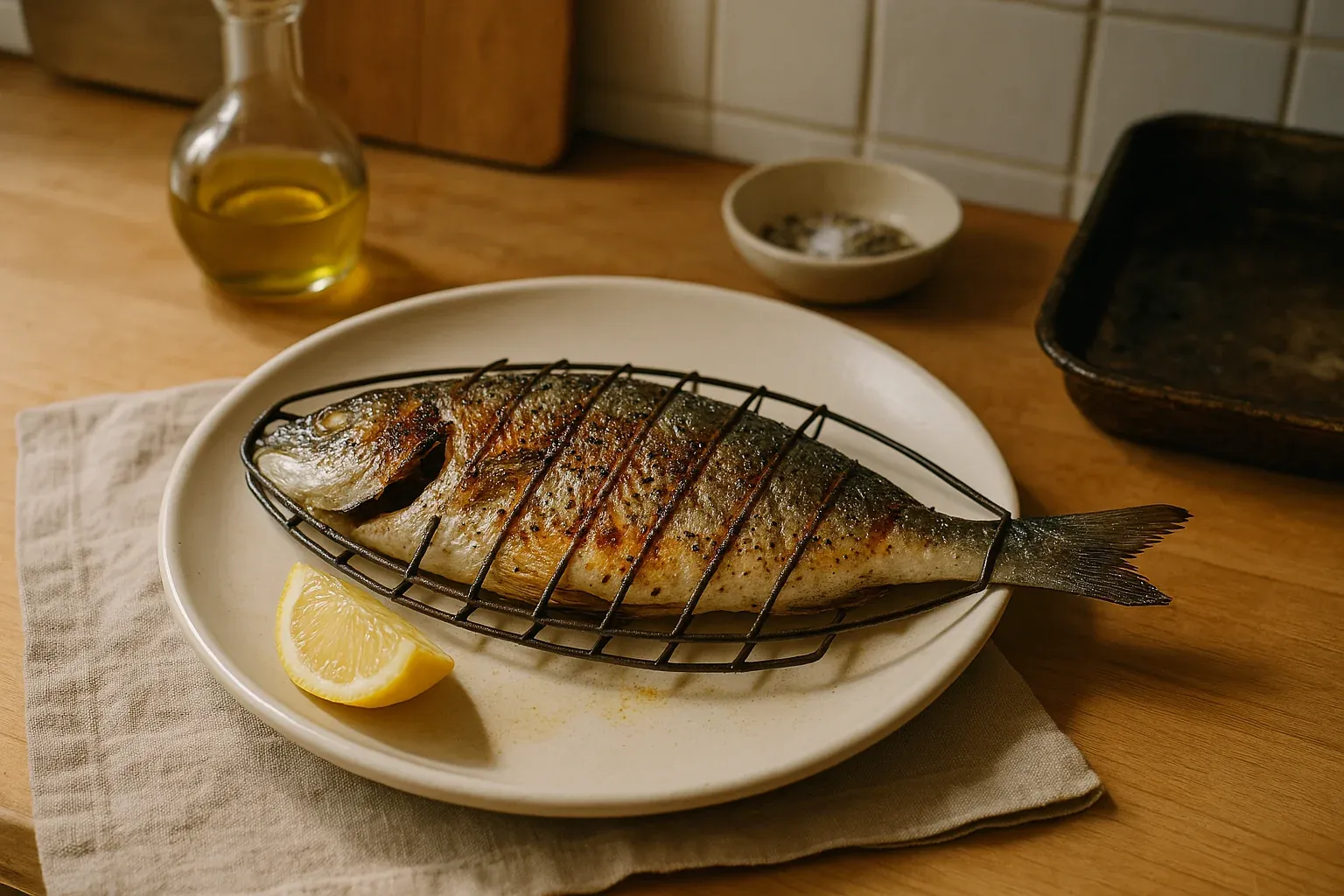 Whole grilled fish seasoned with pepper, served on a white plate with a lemon wedge, olive oil bottle, and seasoning bowl in the background.