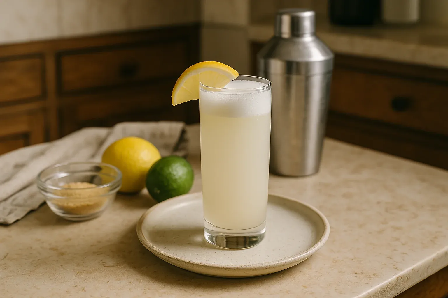 Refreshing lemon-lime cocktail in a tall glass with a lemon wedge garnish, set on a plate with lemons, lime, and a cocktail shaker in the background.