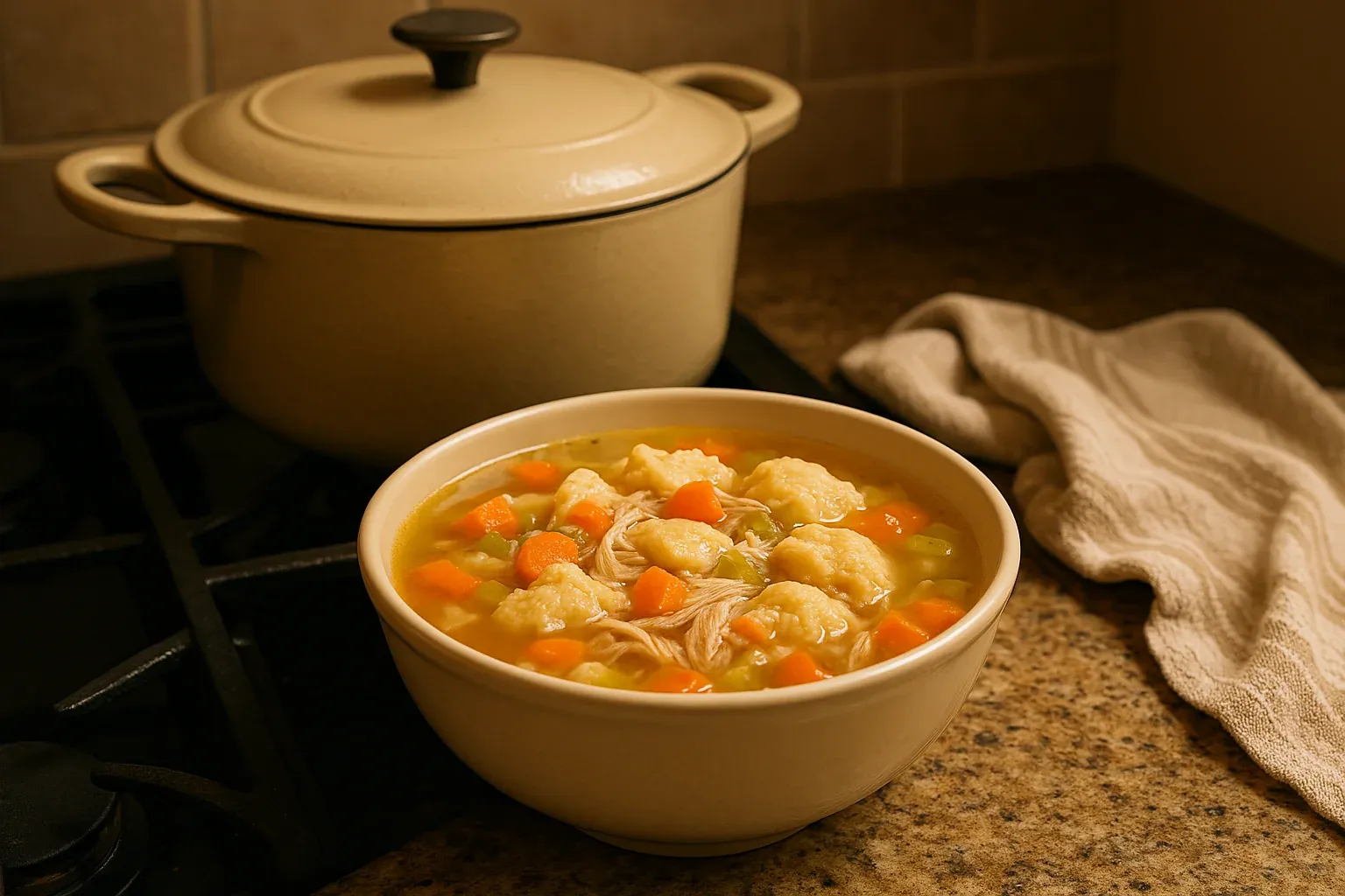 A bowl of chicken and dumpling soup with carrots and celery, next to a beige pot on a stovetop.