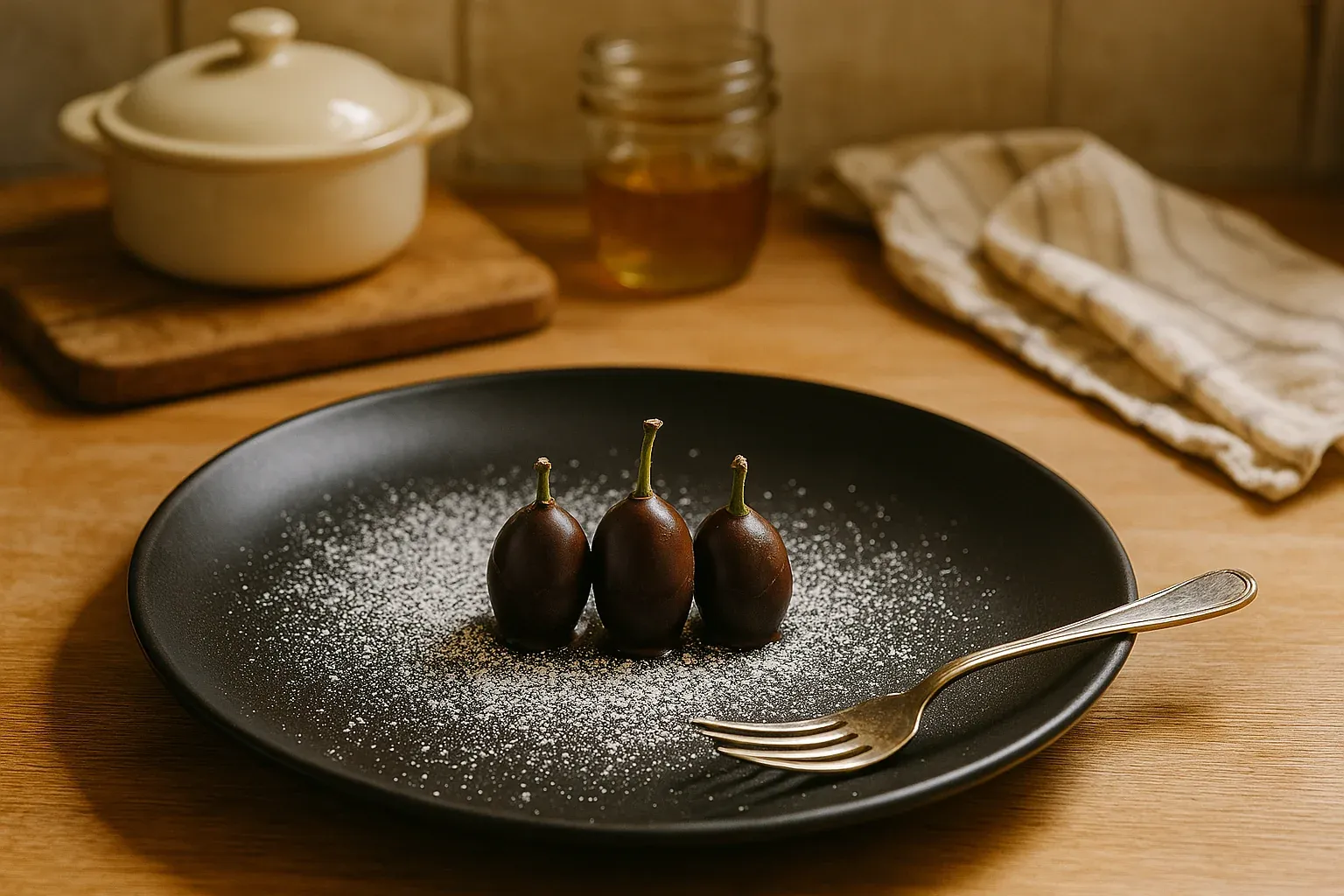 Three chocolate-covered eggplants on a black plate dusted with powdered sugar, with a fork on the side.