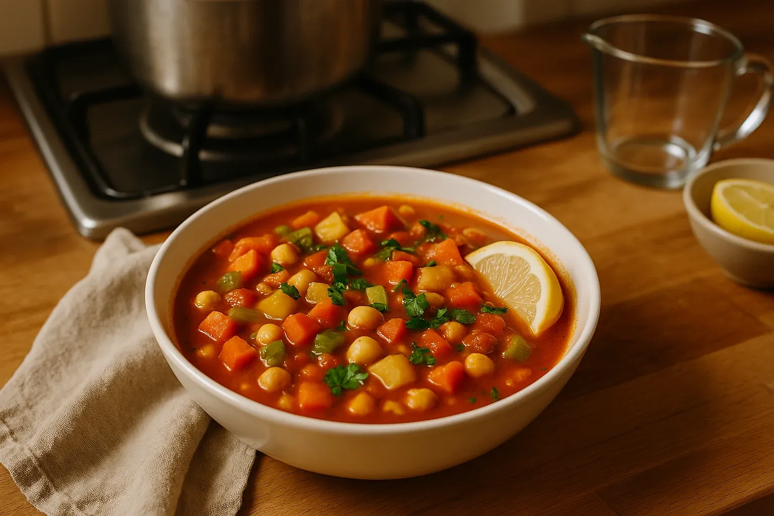 Hearty vegetable soup with chickpeas, potatoes, carrots, and bell peppers, garnished with lemon and parsley in a white bowl on a wooden counter.