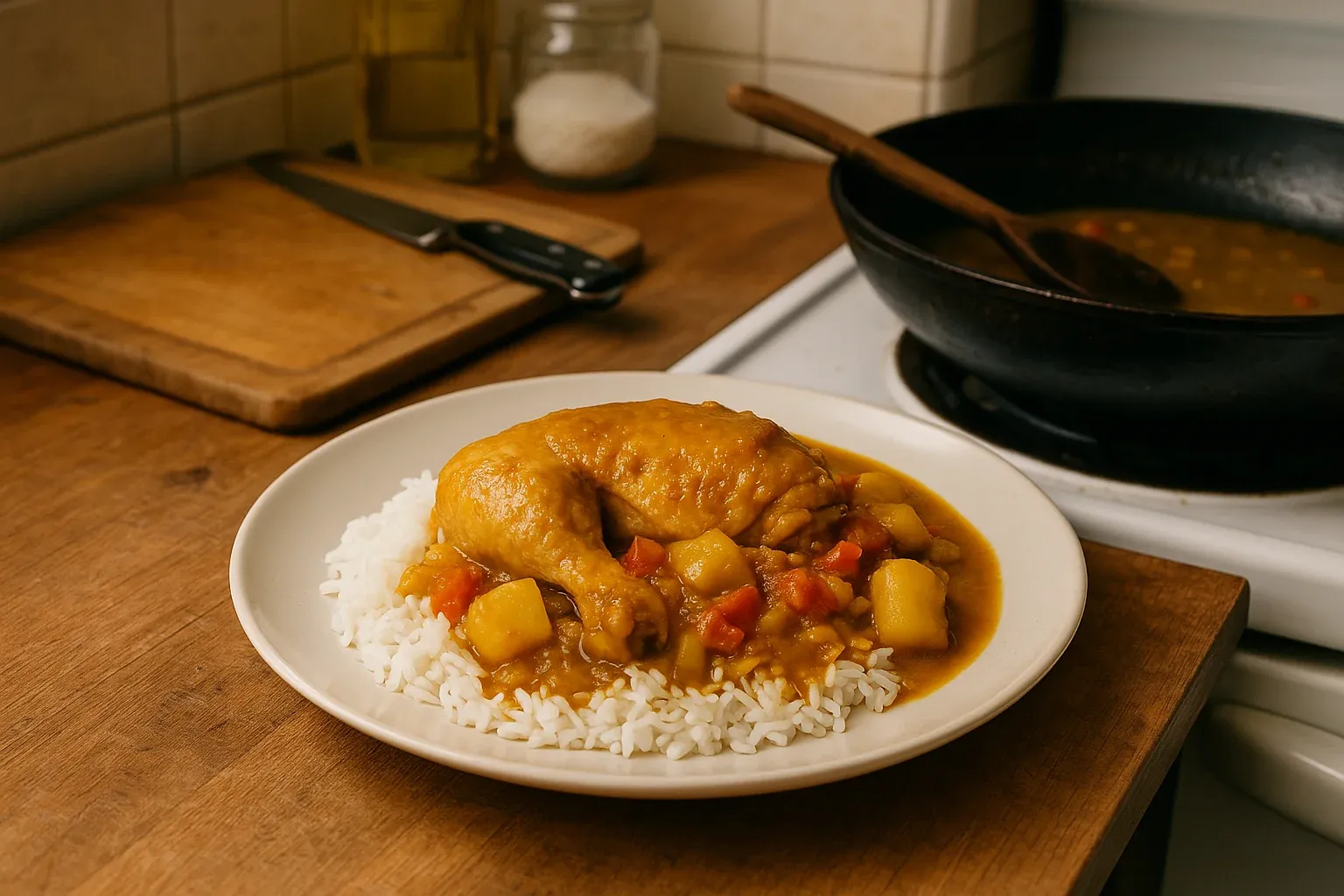Chicken curry leg with potatoes and peppers over white rice on a plate in a cozy kitchen setting with wooden utensils.