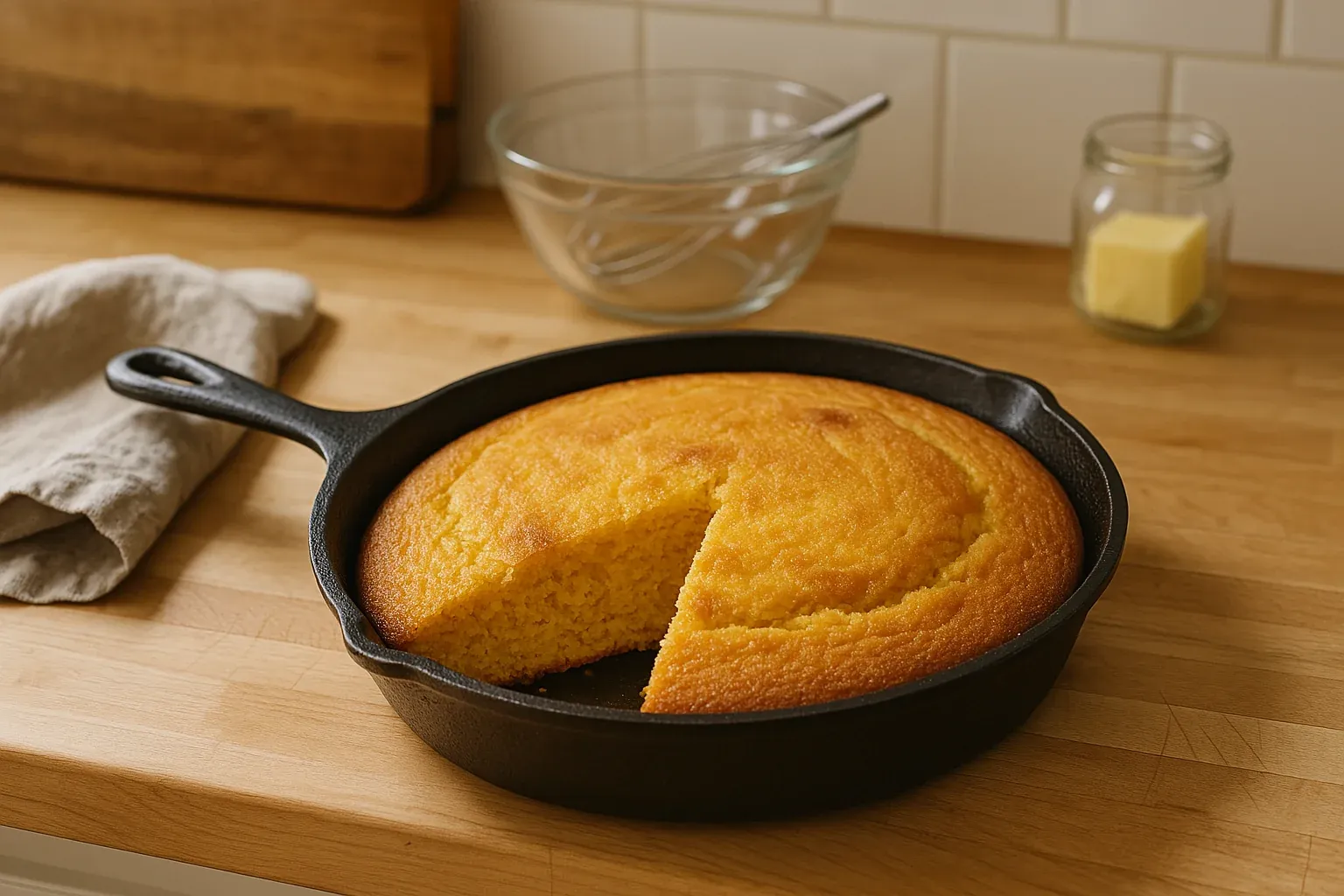Freshly baked cornbread in a cast iron skillet on a wooden countertop, with a slice removed, accompanied by butter and a whisk in the background.