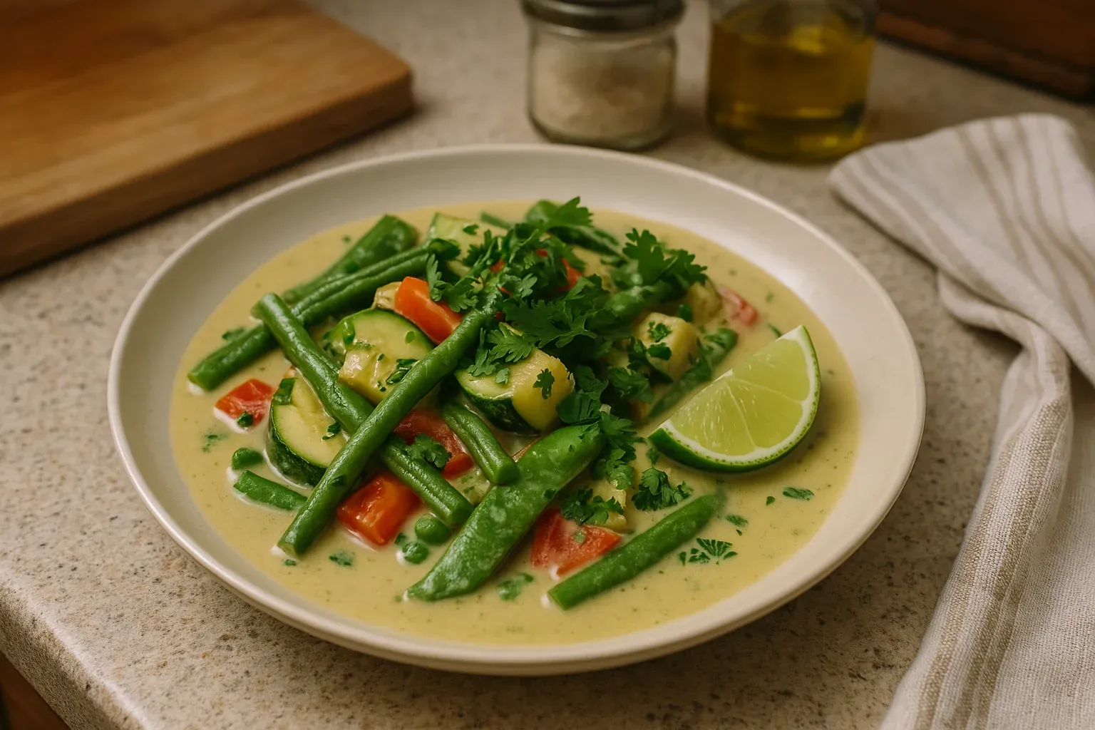 A vibrant vegetable curry with green beans, zucchini, bell peppers, and fresh herbs, garnished with lime wedges in a creamy sauce.