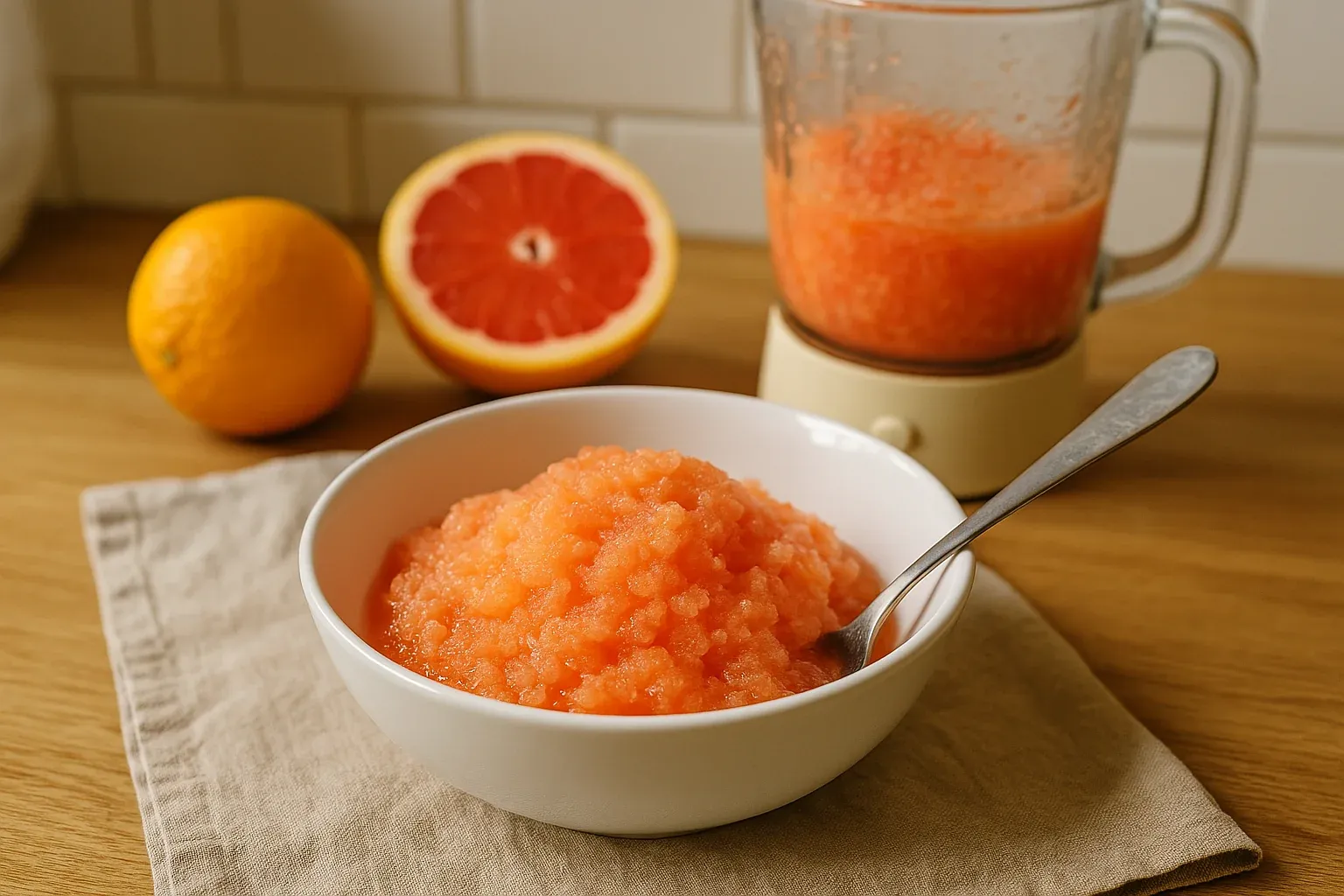 Refreshing grapefruit and orange granita served in a white bowl with a blender and fresh citrus fruits in the background.