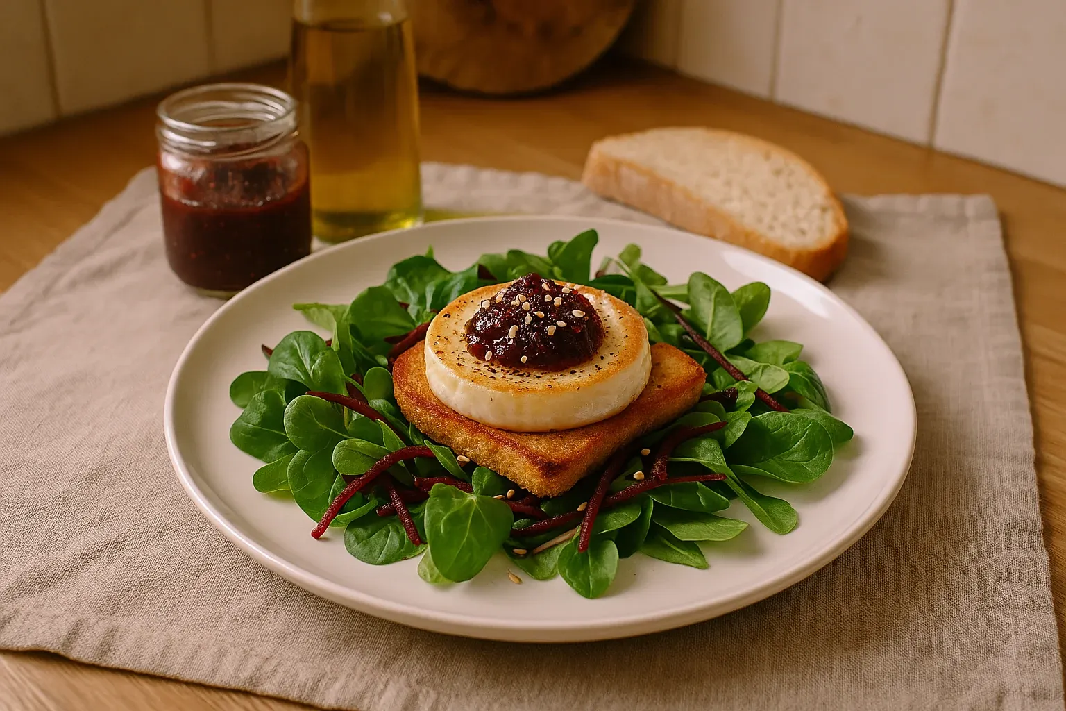 Grilled goat cheese on toast with mixed greens, beets, and chutney, accompanied by a jar of chutney and olive oil in a cozy kitchen setting.