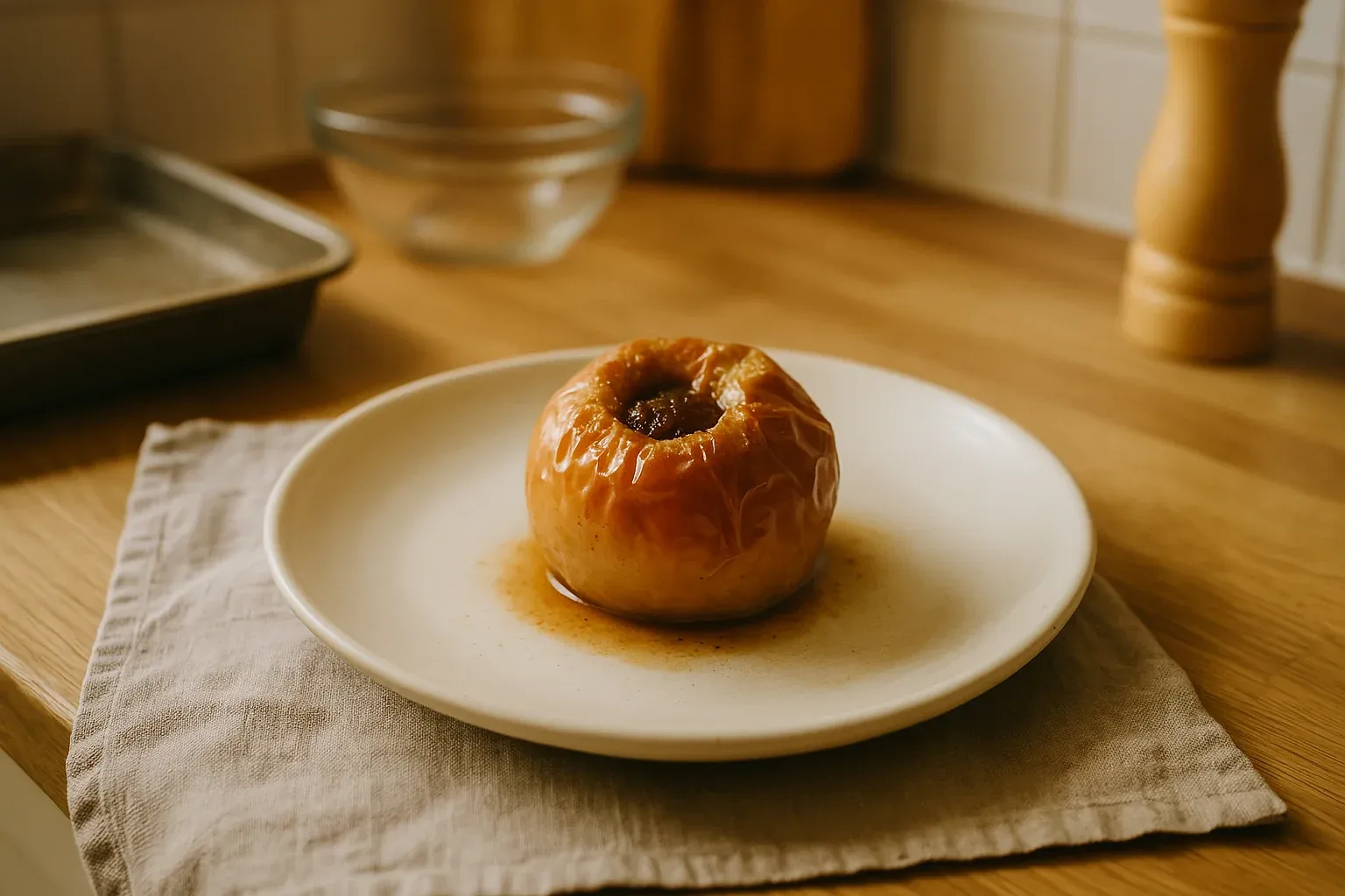 Baked apple on a plate with a caramelized center, set on a wooden table with a baking dish and glass bowl in the background.