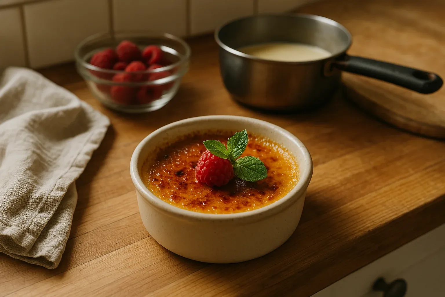 Caramelized crème brûlée topped with a raspberry and mint, with raspberries and cream in the background on a wooden counter.