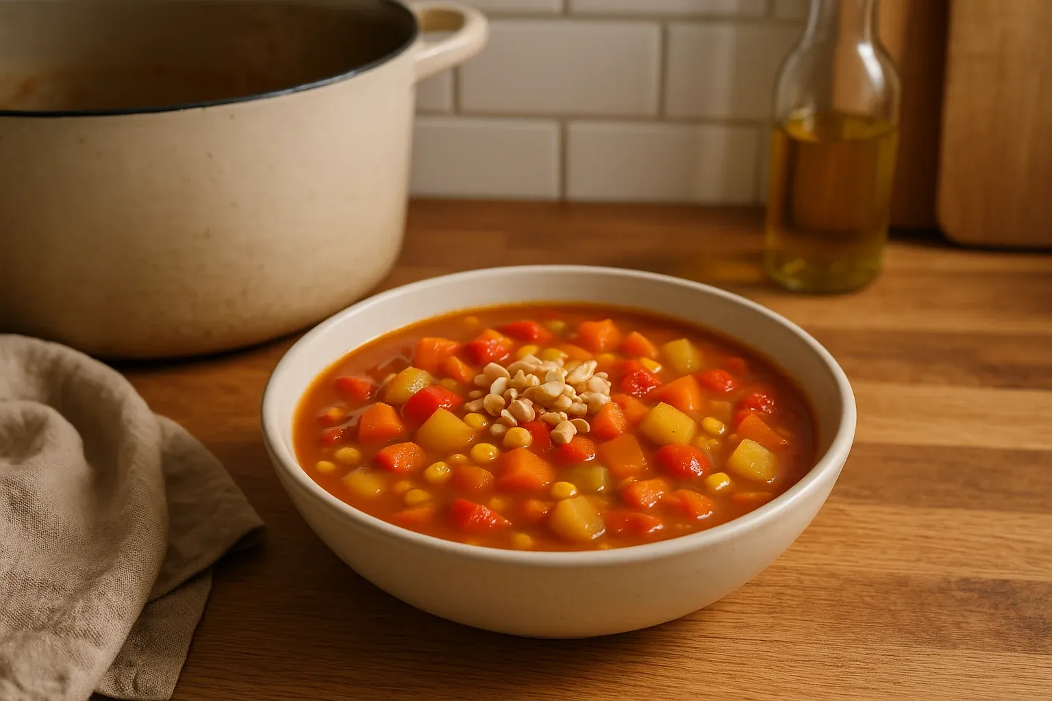 Hearty vegetable soup with diced carrots, potatoes, corn, and bell peppers, garnished with pine nuts, served in a white bowl.