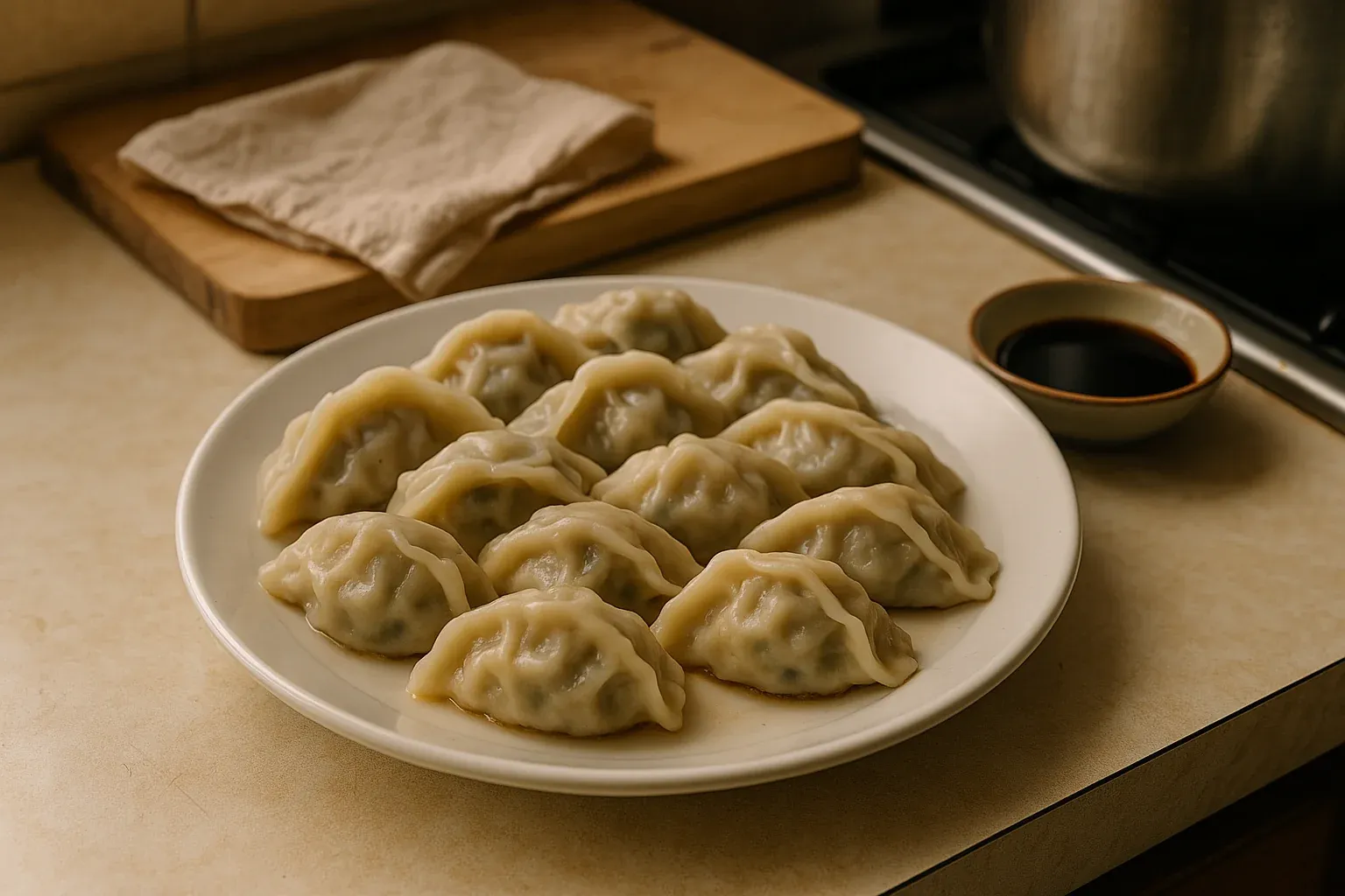 A plate of freshly steamed dumplings with a small bowl of soy sauce, set on a kitchen counter.