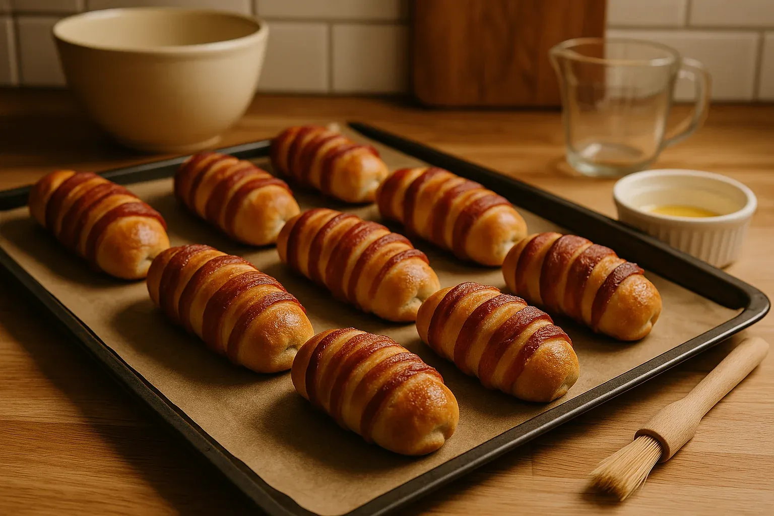 Golden brown pigs in a blanket, wrapped in crispy bacon, fresh out of the oven on a baking tray with egg wash nearby.