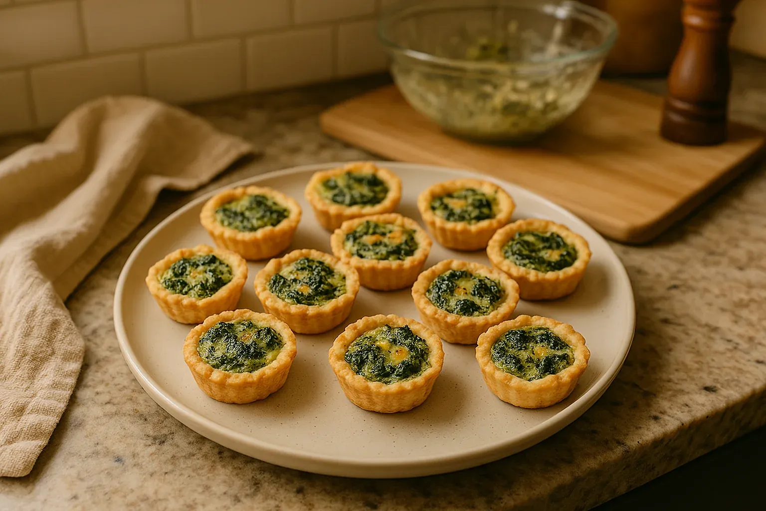 Mini spinach quiches arranged on a plate, with a bowl of spinach filling in the background on a kitchen counter.
