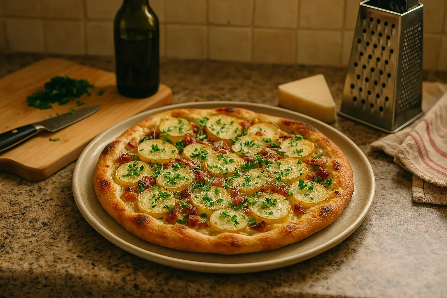 Rustic potato and bacon pizza garnished with fresh parsley on a kitchen counter with a cheese grater and chopping board nearby.