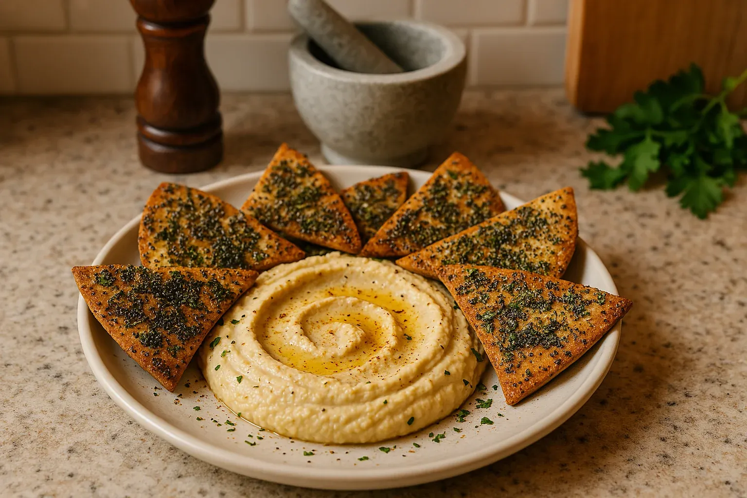 Creamy hummus garnished with olive oil and paprika, served with herb-seasoned pita chips on a white plate.
