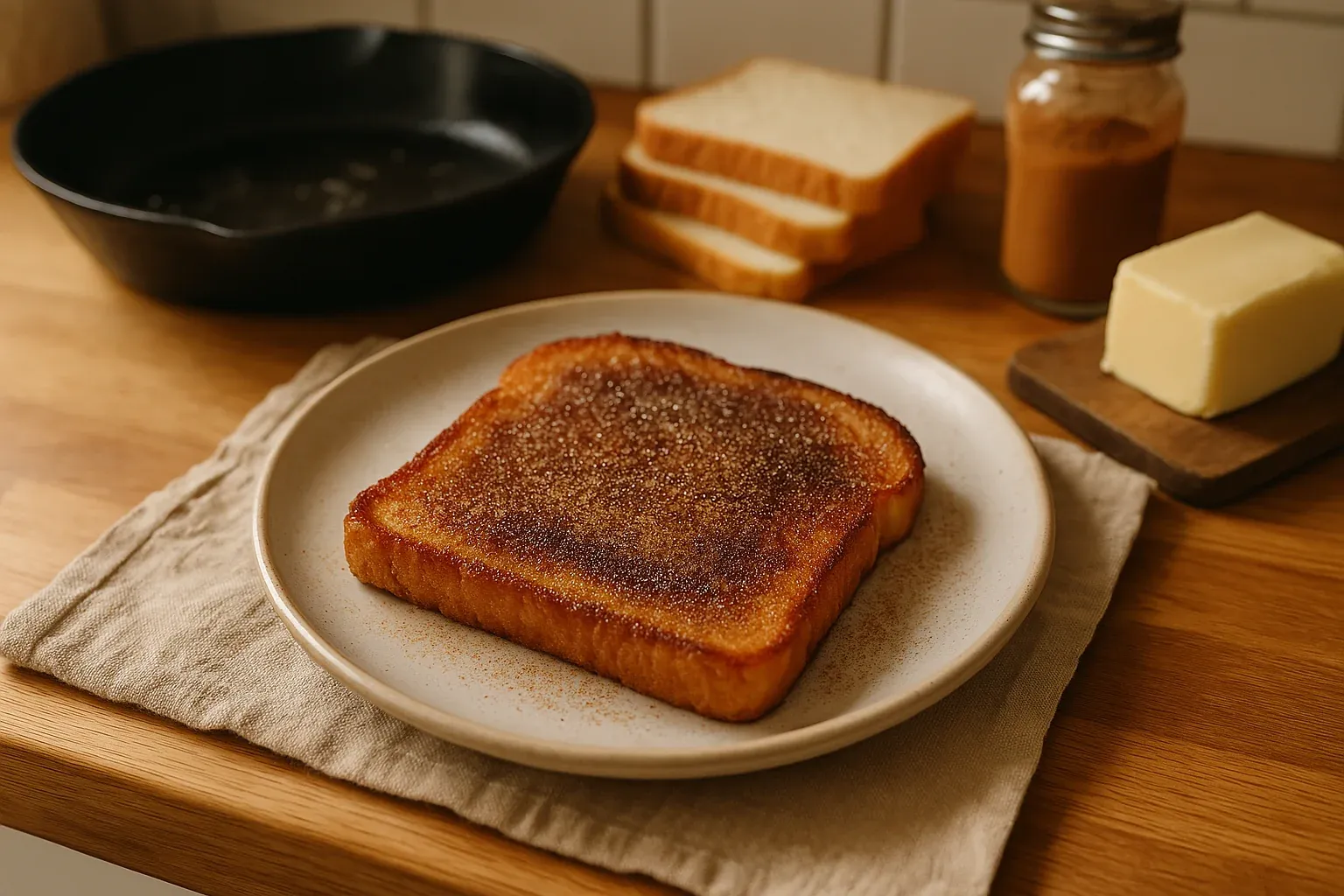 Golden brown cinnamon toast on a white plate with butter, cinnamon, and bread in the background, set on a wooden kitchen counter.