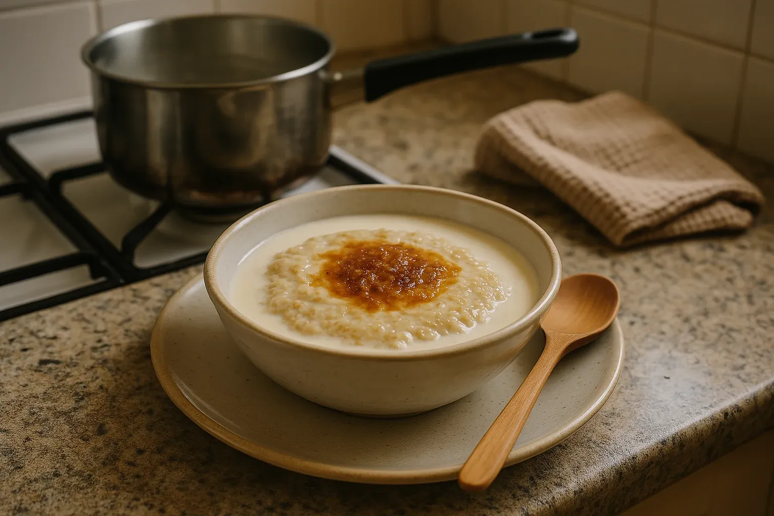 Creamy rice pudding served in a bowl with a caramelized topping, placed on a kitchen counter with a wooden spoon beside it.
