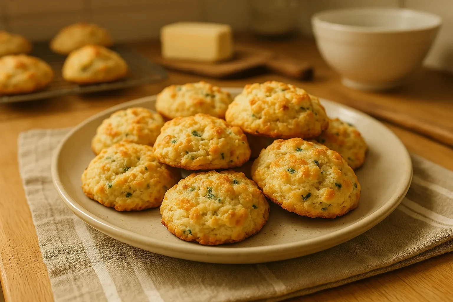 Golden, fluffy cheddar and chive biscuits on a beige plate atop a linen napkin, perfect for a savory side or snack.
