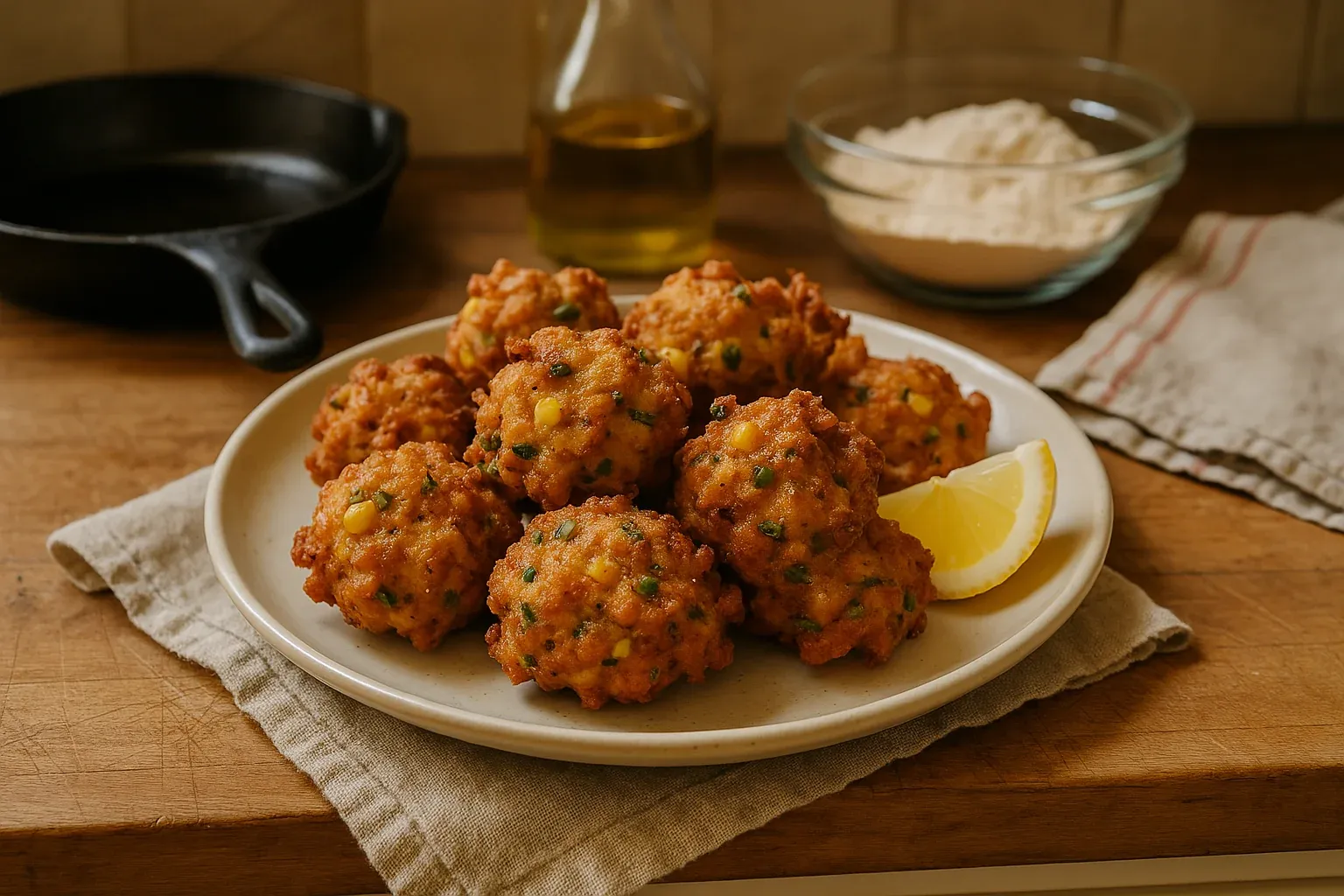 Golden, crispy corn fritters on a plate with a lemon wedge, skillet, and flour in the background.