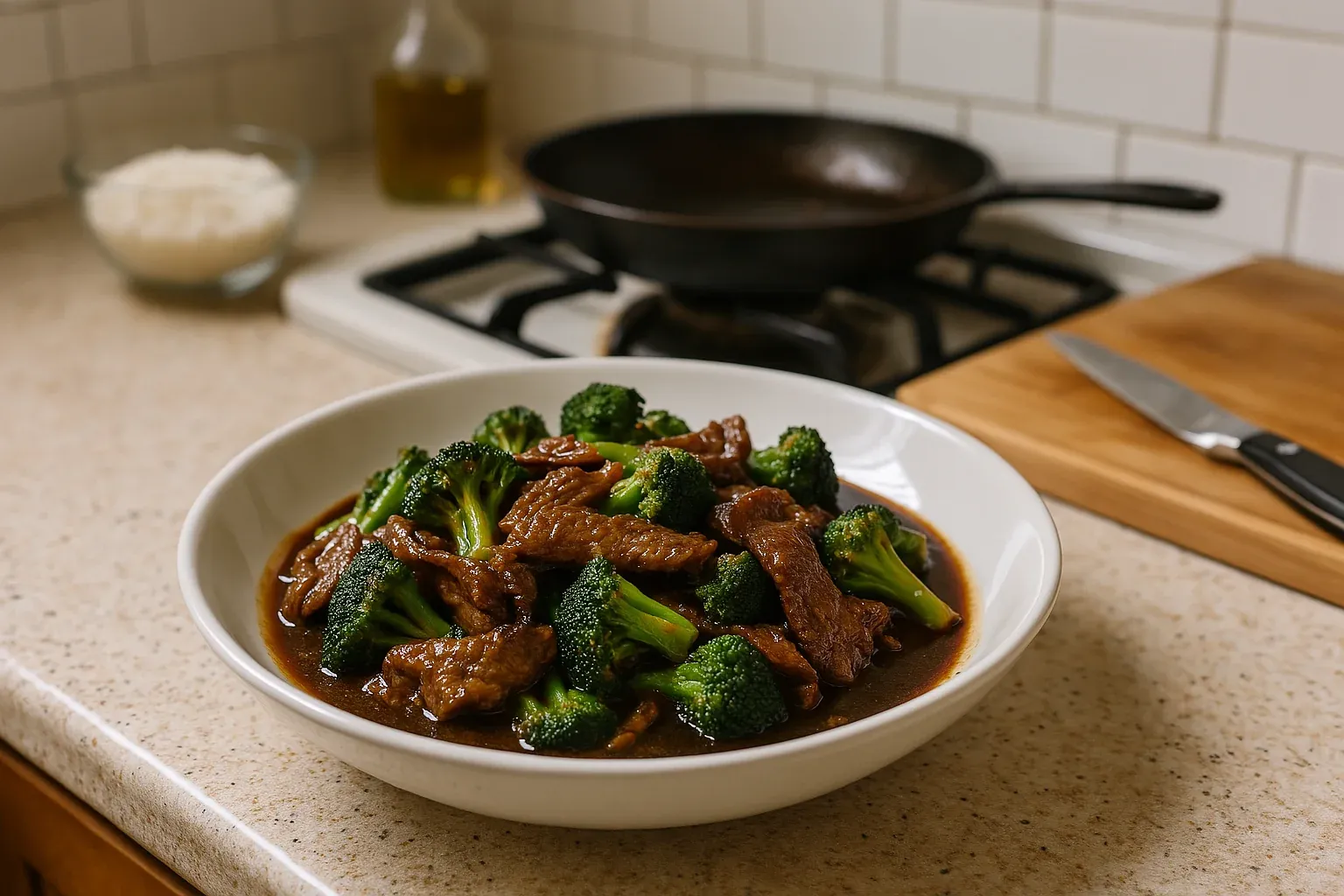 Savory beef and broccoli stir-fry in a flavorful sauce, served in a white bowl with rice and cooking tools visible in the background.