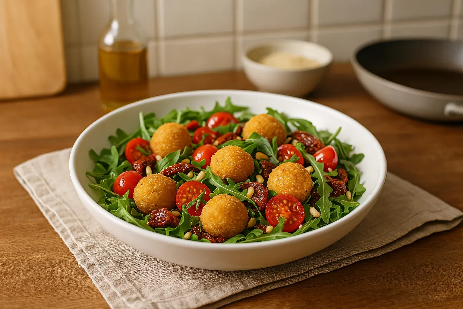 Arugula salad with cherry tomatoes, sun-dried tomatoes, pine nuts, and crispy fried cheese balls in a white bowl.