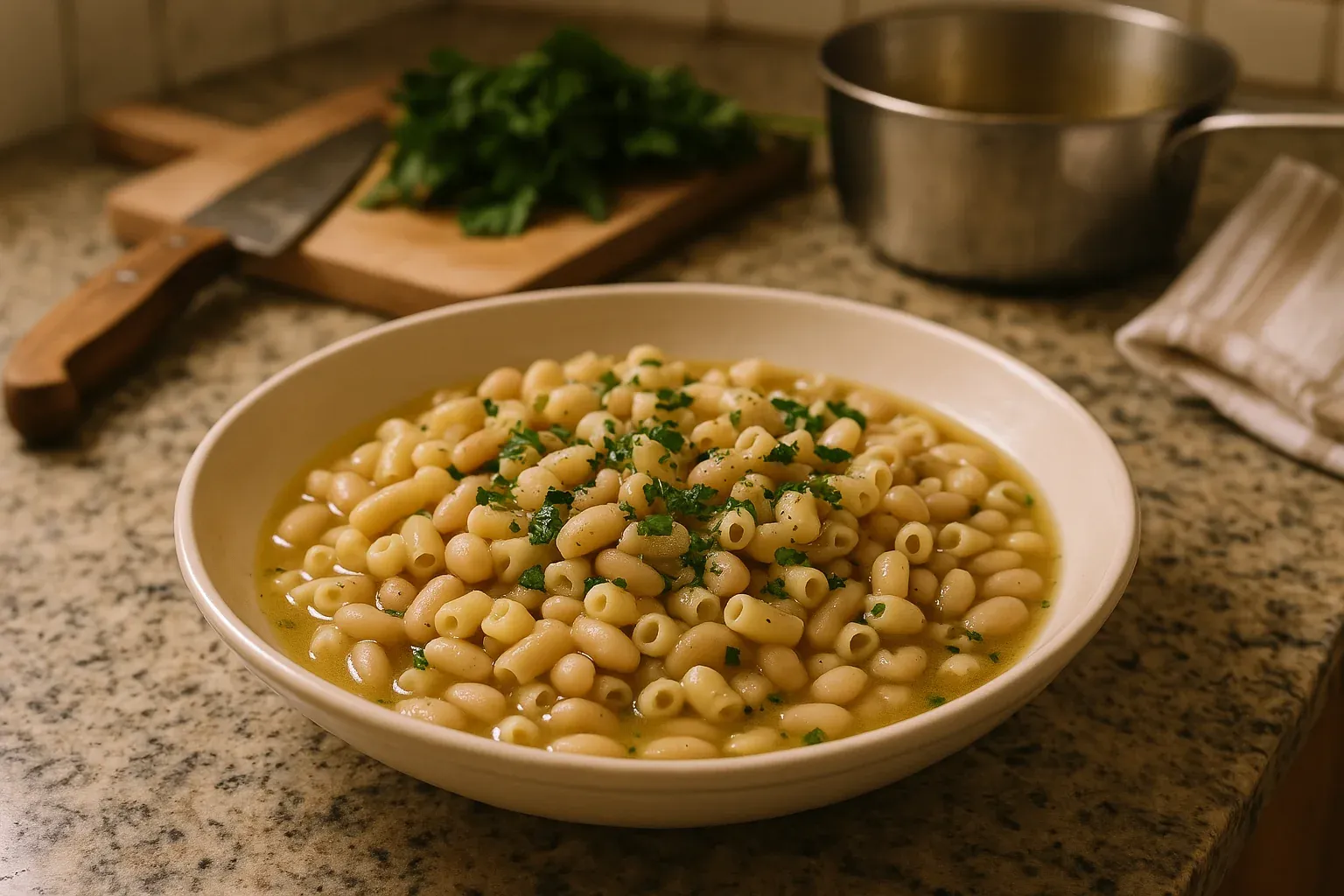 A bowl of Ditalini pasta and white beans garnished with parsley on a kitchen counter, ready for serving.