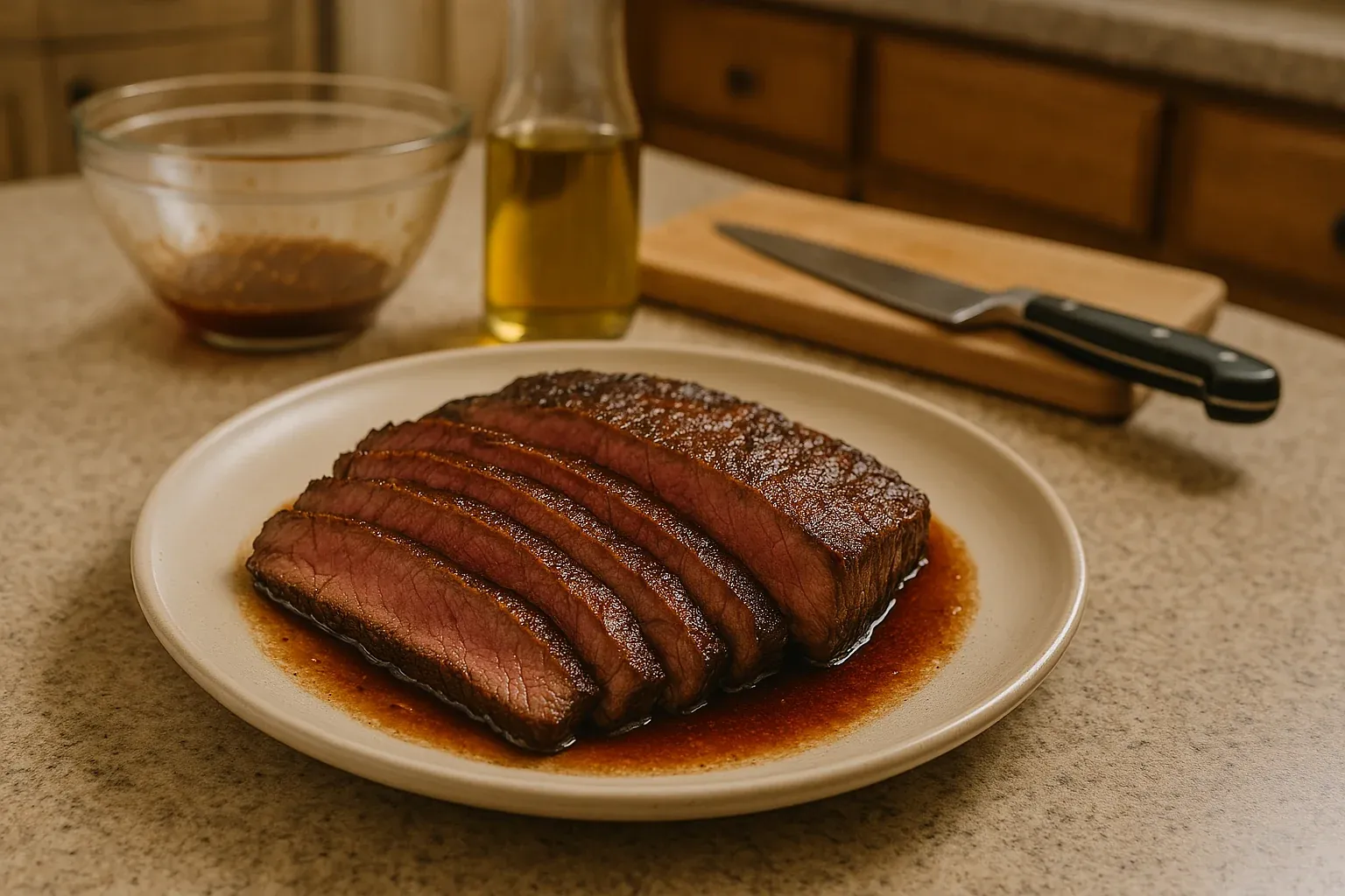 Sliced, medium-rare steak on a plate with marinade, accompanied by a knife and cutting board in a kitchen setting.