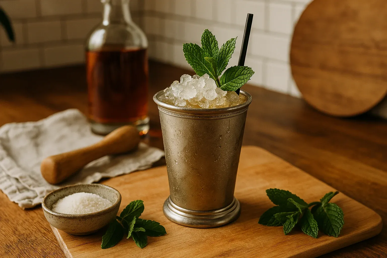 Refreshing mint julep in a silver cup with crushed ice and fresh mint garnish, bourbon bottle and sugar on wooden cutting board.